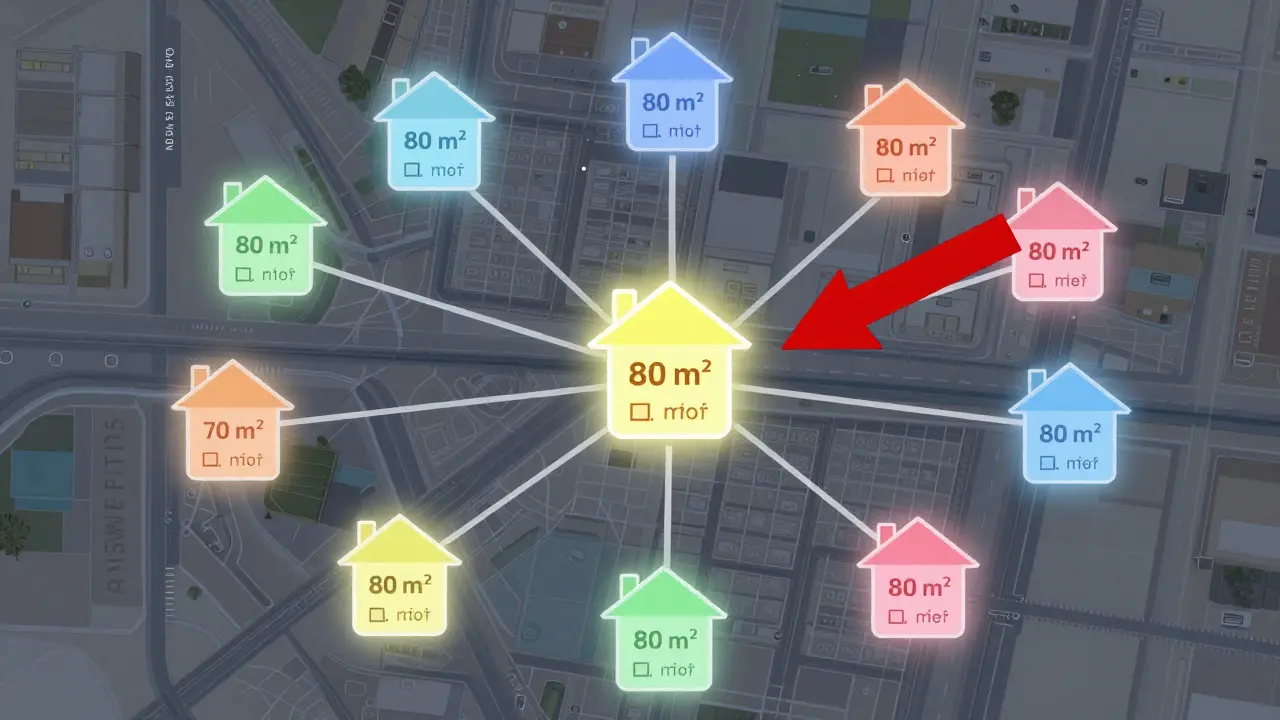Mapa digital de Rosario con íconos de departamentos comparables conectados por líneas de datos y un precio destacado como alto.