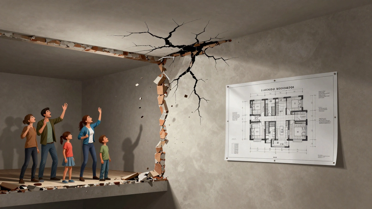 Muro portante se derrumba sin refuerzo, dañando el piso inferior mientras la familia observa.