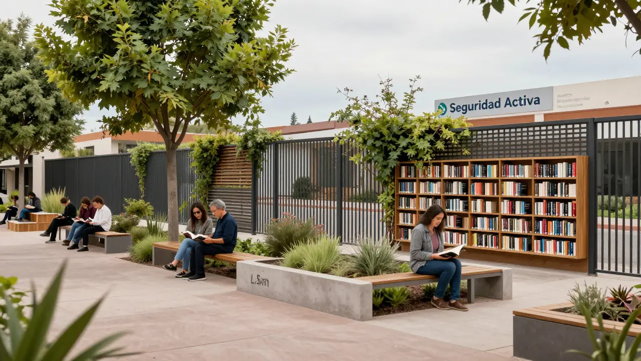 Perímetro de barrio cerrado con bancos, jardines y una biblioteca compartida, promoviendo la seguridad activa y la comunidad.