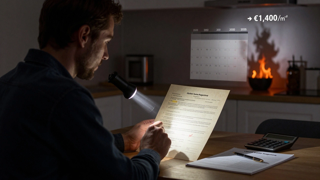 Persona revisando su póliza de seguro bajo luz tenue mientras los precios de construcción aumentan.