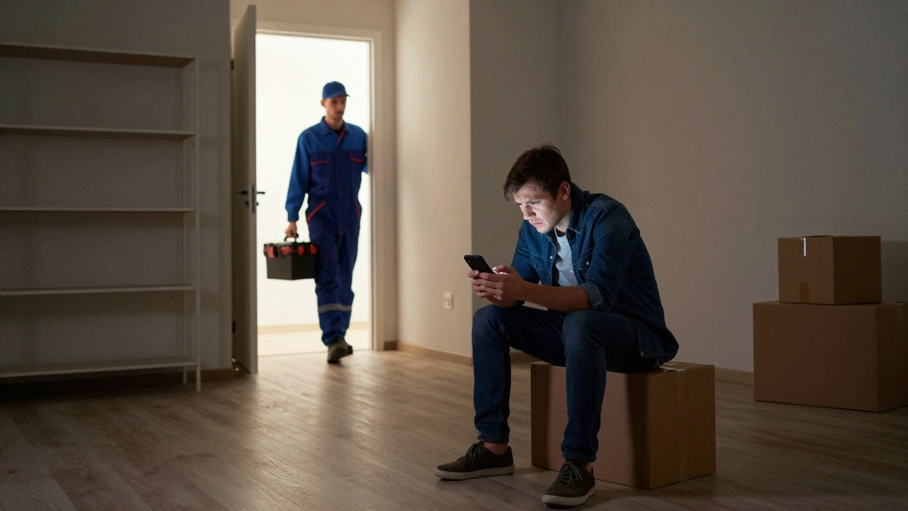 Persona sin señal en un departamento nuevo de noche, mientras un técnico llega a la puerta con herramientas.