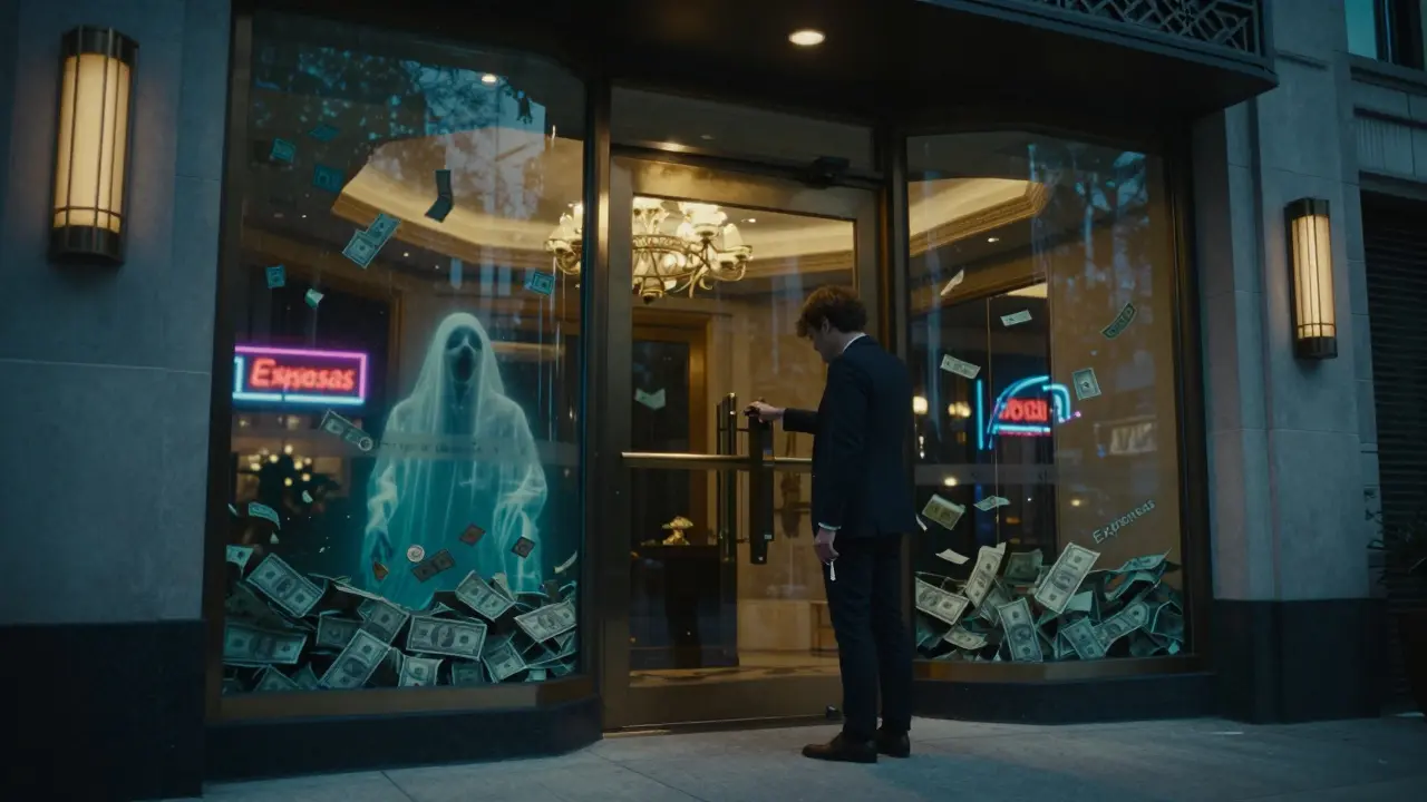 Reflejo surrealista de una persona ahogada en gastos frente a un edificio elegante.