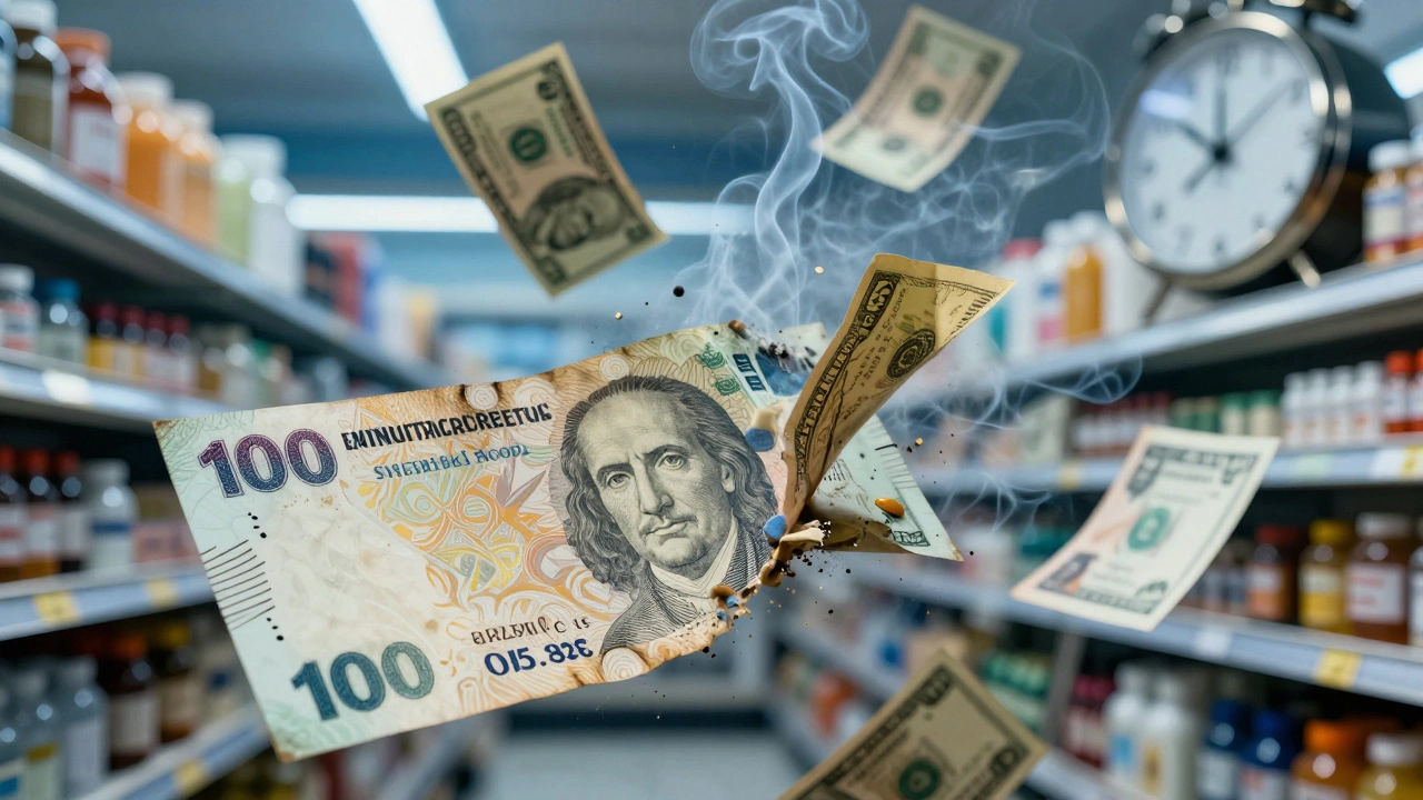 Un billete de peso argentino desintegrándose en humo, mientras dólares y objetos domésticos emergen de las cenizas flotando en el aire.