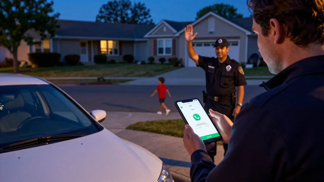 Un vecino fotografiando un auto extraño mientras un guardia lo reconoce como visitante familiar.