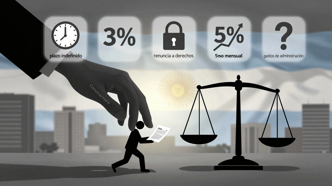 Una mano gigante opresora sobre un consumidor, con cláusulas abusivas flotando como símbolos en el aire.