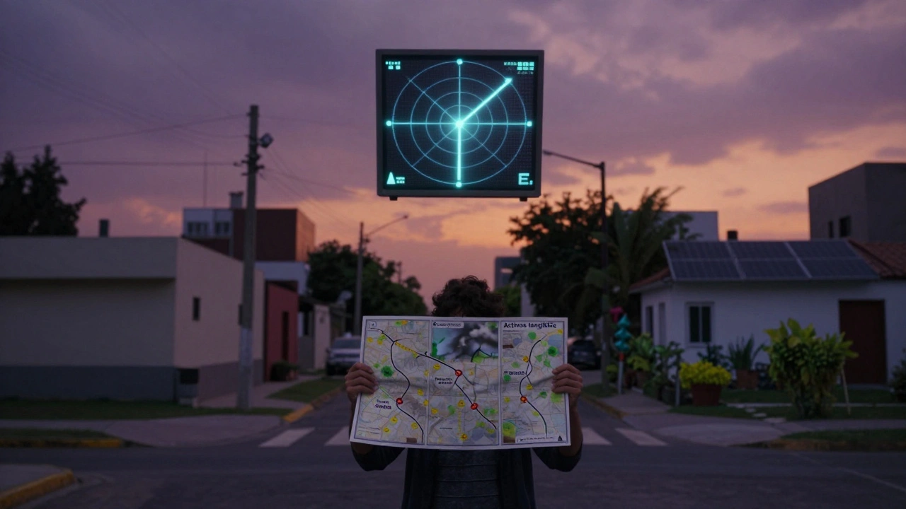 Una persona en una encrucijada argentina con tres caminos simbólicos: ahorros en pesos, deuda con CER y activos tangibles, bajo un radar de riesgo en el cielo.