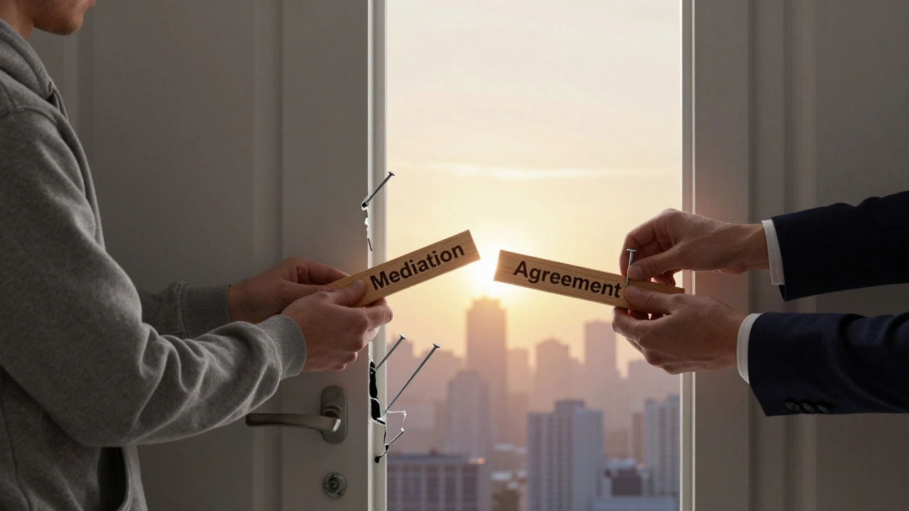 Una puerta rota siendo reparada por manos de inquilino y propietario bajo una luz de amanecer.