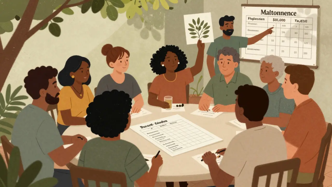 Vecinos participan en una reunión comunitaria revisando un presupuesto claro y sencillo.