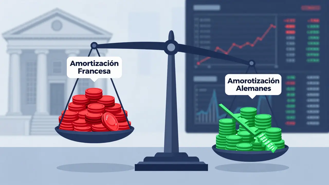 Balanza comparando intereses totales de dos tipos de amortización hipotecaria, con escaleras de pagos decrecientes.