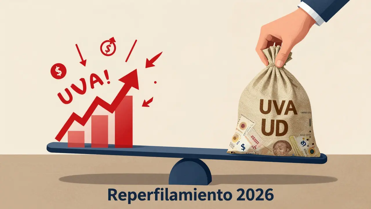 Balanza conceptual: deuda volátil UVA vs. pagos fijos en pesos, representando la reestructuración financiera de 2026.