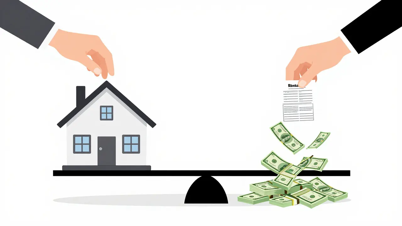 Balanza equilibrando una propiedad contra efectivo, con documentos que reducen riesgos financieros.