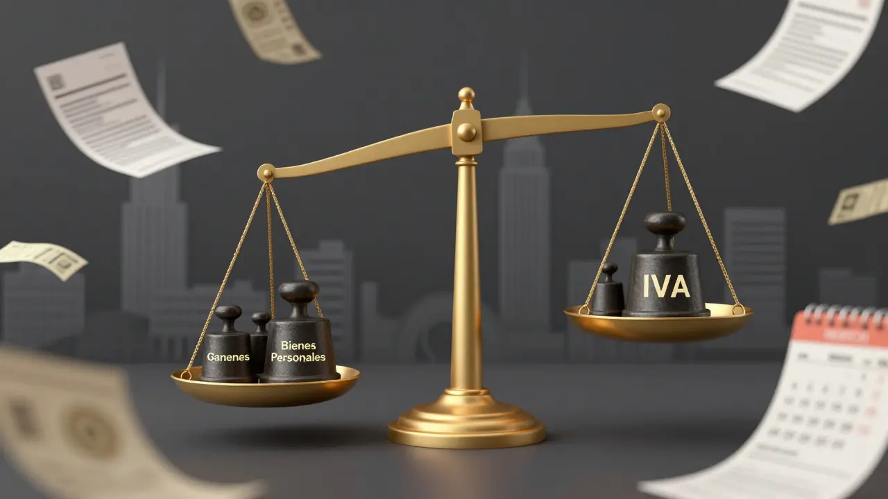 Balanza que compara una propiedad con tres impuestos pesados: Ganancias, Bienes Personales e IVA.