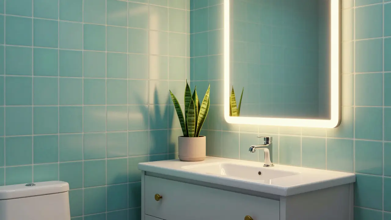 Baño renovado con azulejos pintados, mueble de melamina y espejo con iluminación LED.