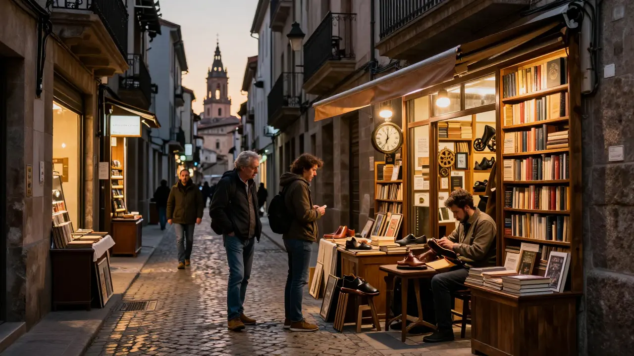 Calle Caffarena al atardecer con talleres artesanales iluminados, un zapatero reparando calzado y vecinos caminando lentamente entre las luces cálidas.