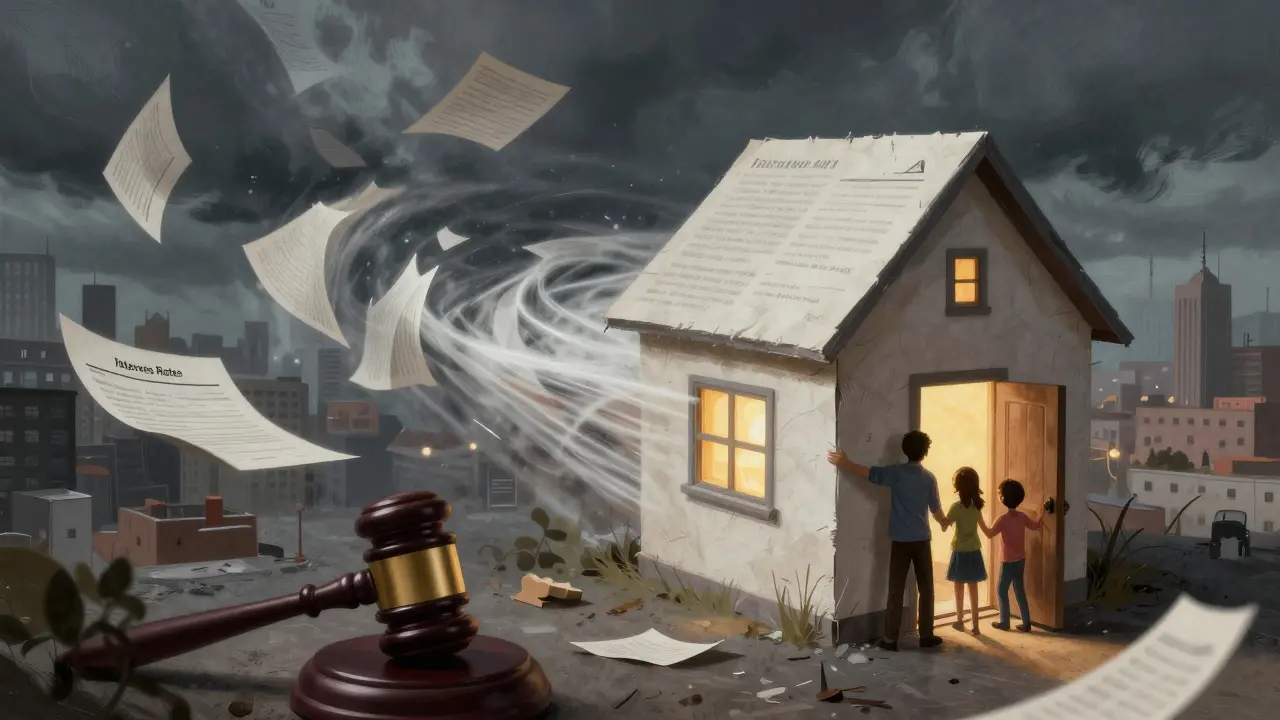 Casa de papel siendo arrastrada por intereses y gavillas de juicio en un torbellino.