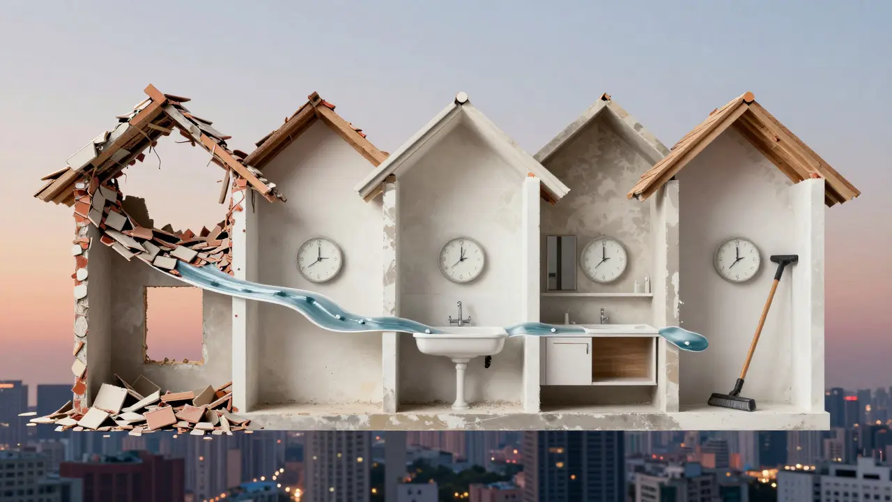 Casa dividida en cinco etapas de renovación, cada una con símbolos de tiempo, fluyendo como un río hacia la limpieza final.