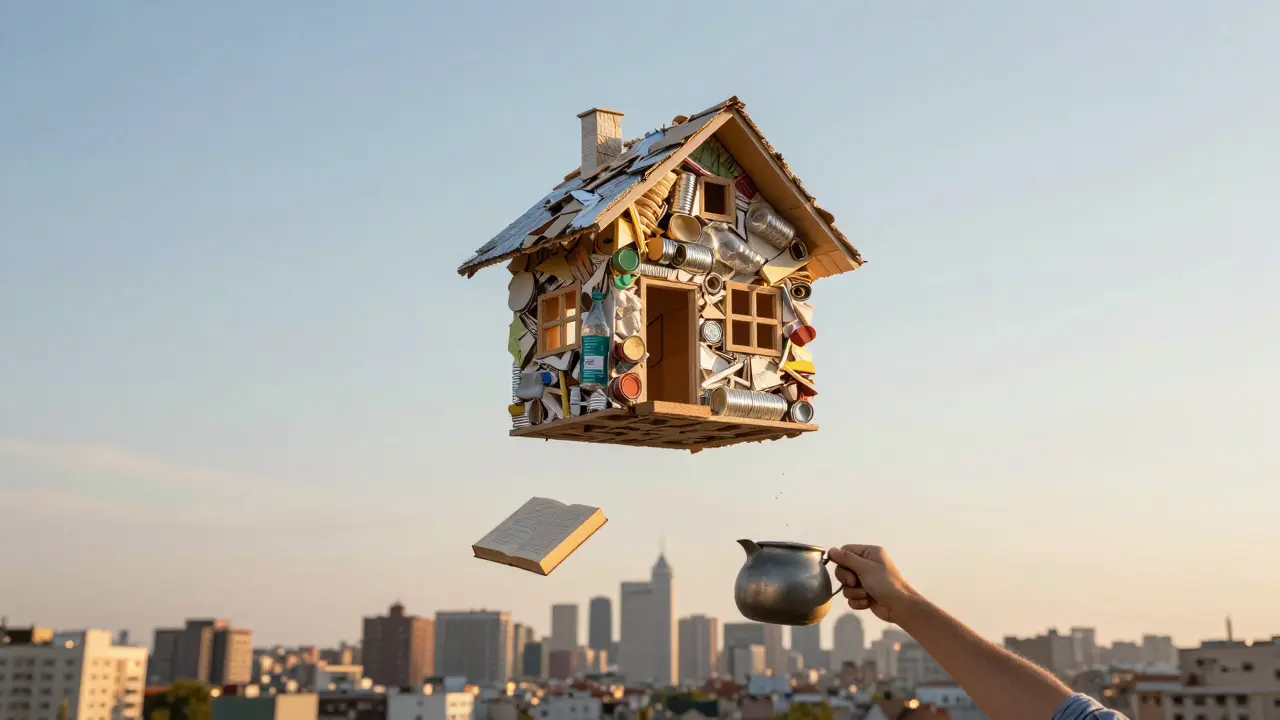 Casa flotante hecha de materiales reciclados ascendiendo sobre una ciudad al atardecer.