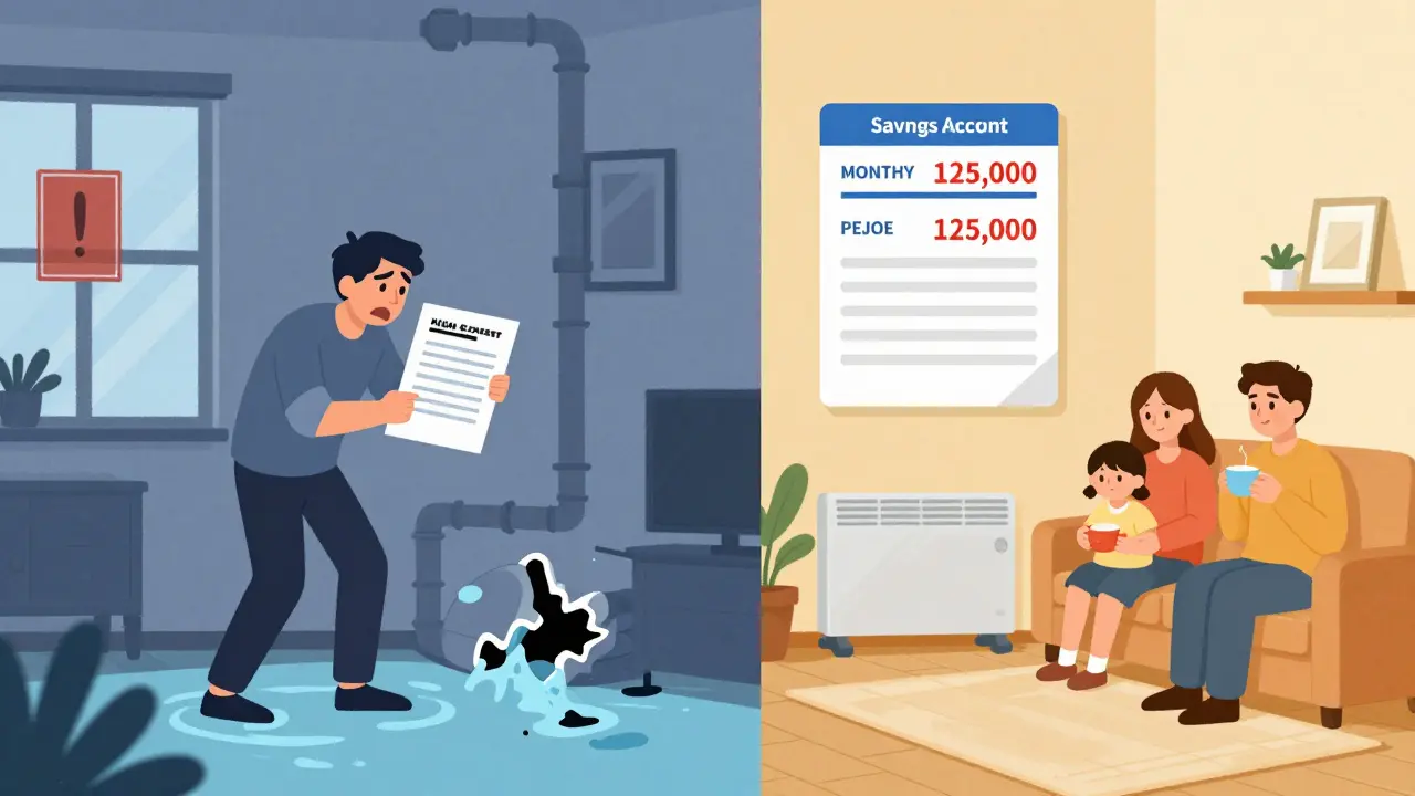 Comparación visual: casa en desastre por falta de fondo vs. hogar tranquilo con ahorros mensuales.