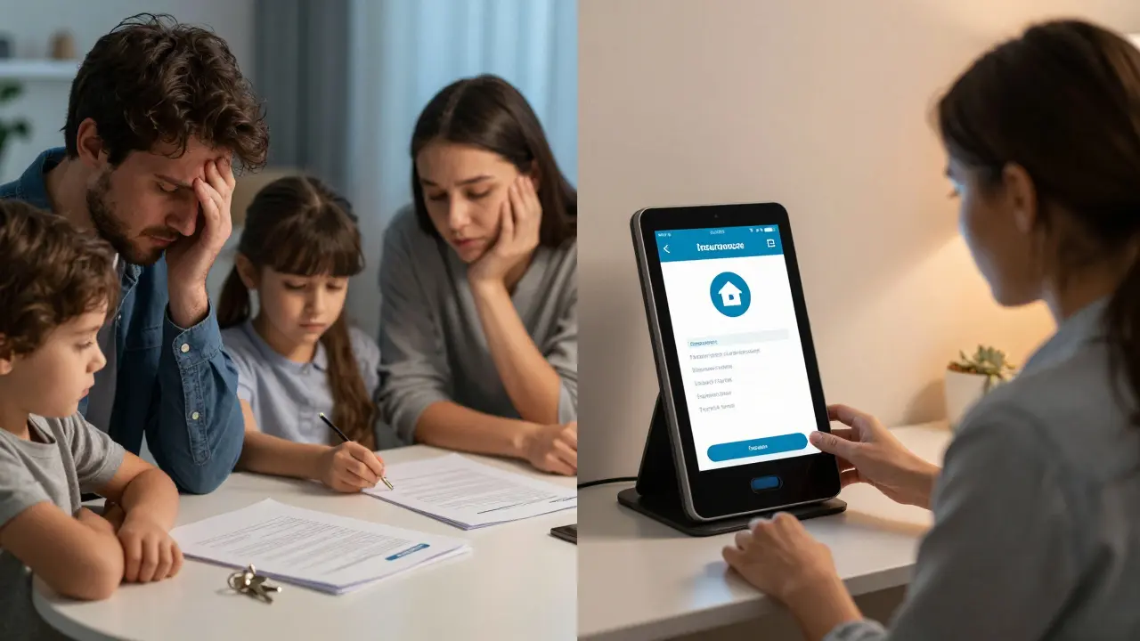 Comparación visual: familia tensa vs. persona tranquila pagando seguro de caución en kiosk digital.