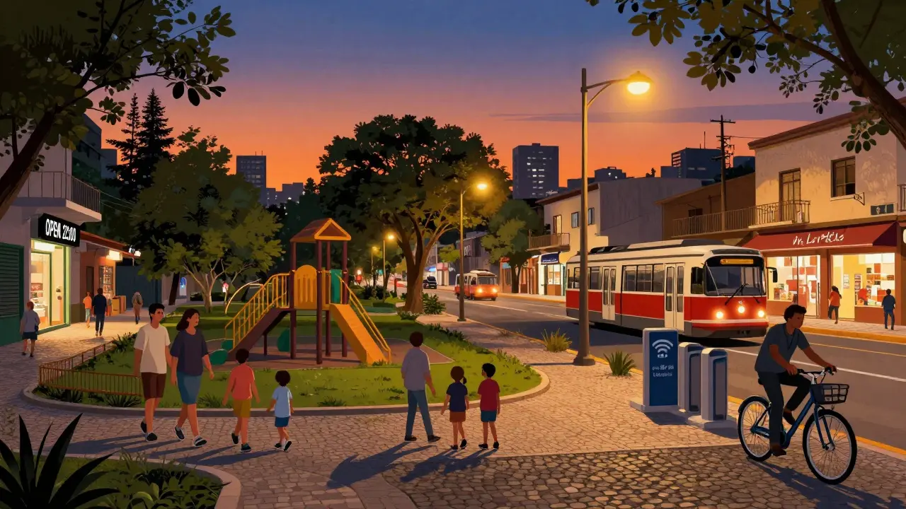 Familia caminando por la calle de Villa del Parque al atardecer, junto a un parque renovado y un colectivo en movimiento.
