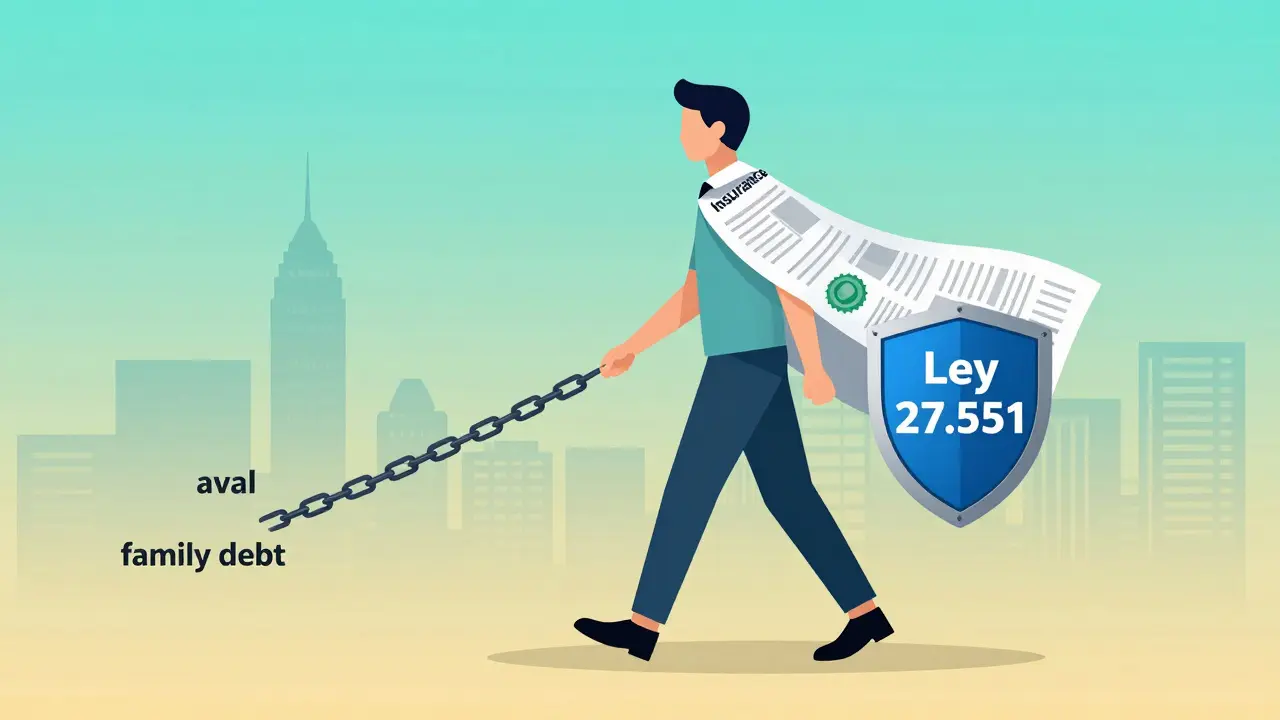 Figura humana caminando libre, dejando cadenas de aval y usando capa de documentos de seguro.