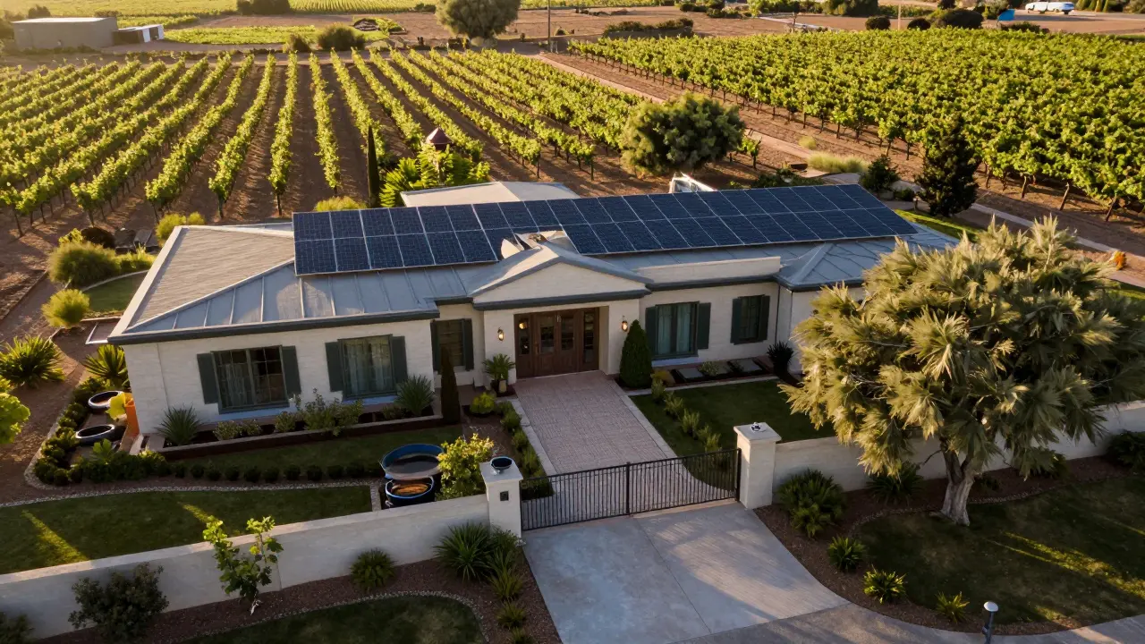 Finca en Mendoza con viñedos, paneles solares discretos y acceso privado, integrada en el paisaje natural.