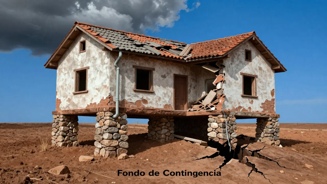 Fundación simbólica de un fondo de contingencia sosteniendo una casa estable mientras otra se hunde.