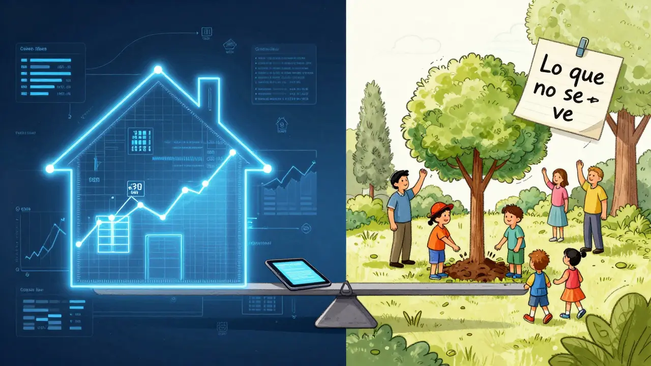 Ilustración conceptual de una casa dividida entre datos digitales y escena familiar cálida.