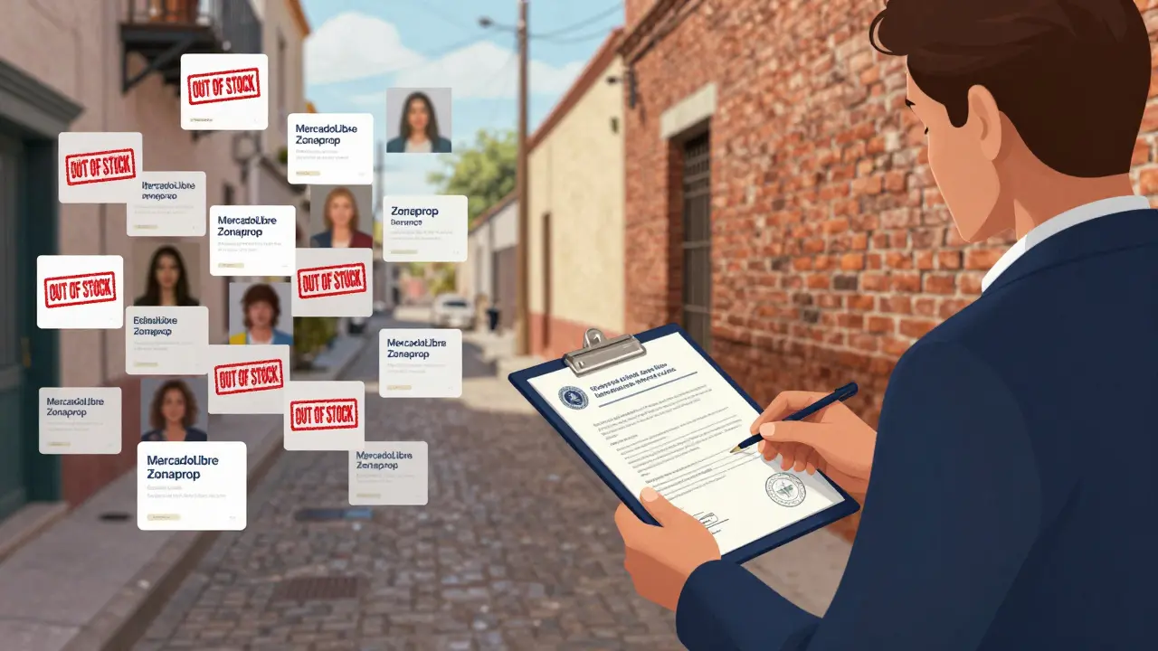 Ilustración de dos caminos: uno digital caótico con anuncios desactualizados, otro tranquilo con un agente entregando documentos legales.