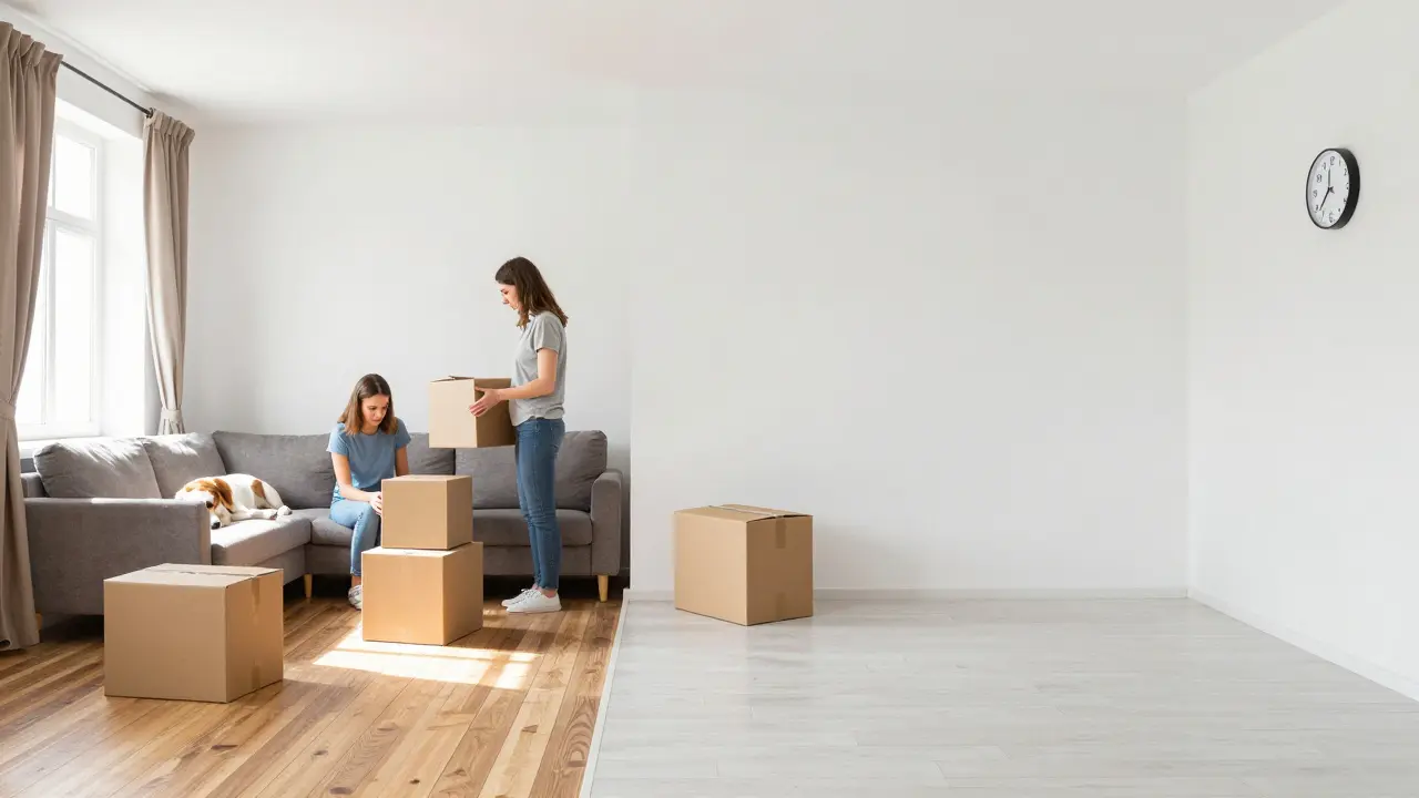 Imagen dividida: familia en casa usada acogedora vs. vivienda nueva vacía y fría, simbolizando elección entre historia y espera.