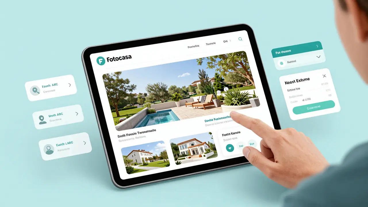 Interfaz de Fotocasa con sugerencias personalizadas de viviendas y simulador de hipoteca en pantalla táctil.