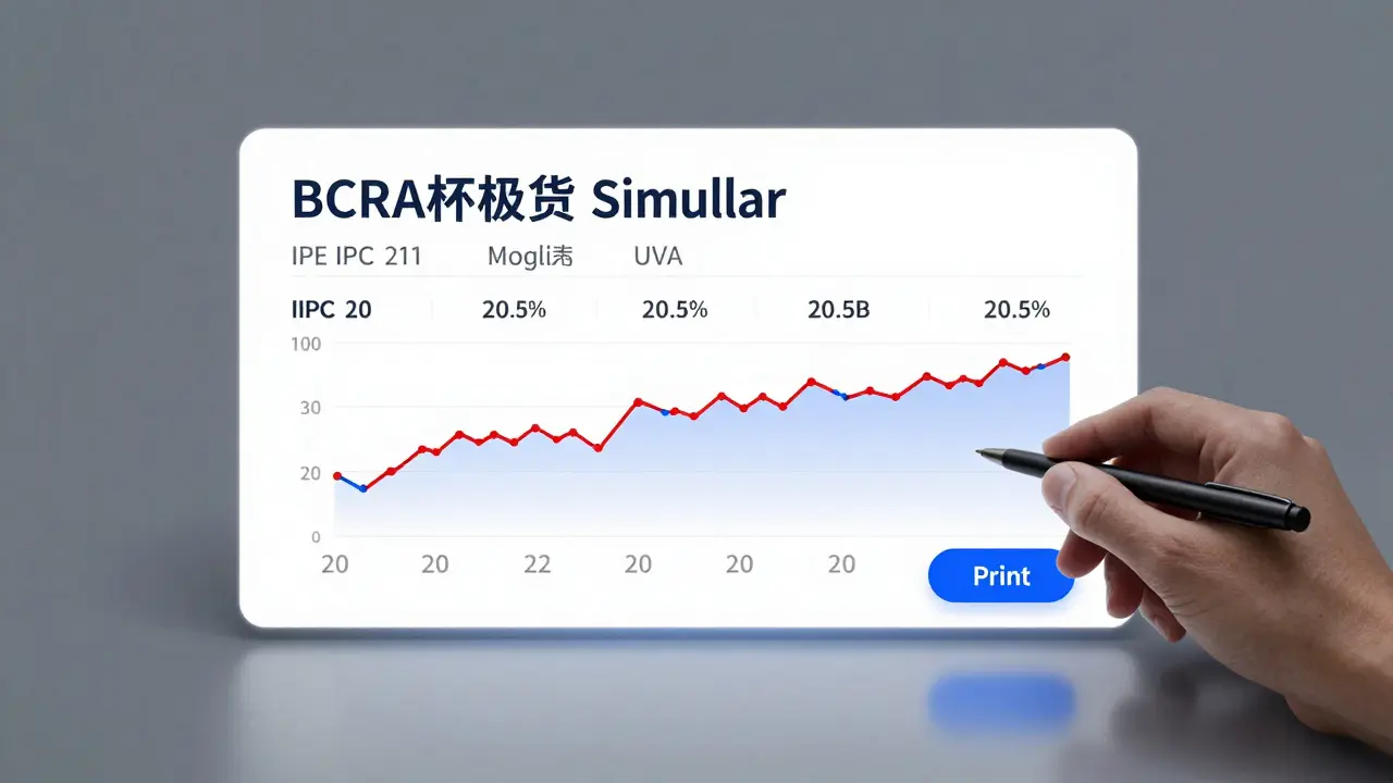 Interfaz del simulador del BCRA mostrando ajustes mensuales de la UVA con líneas dinámicas de pago, mano listo para imprimir.