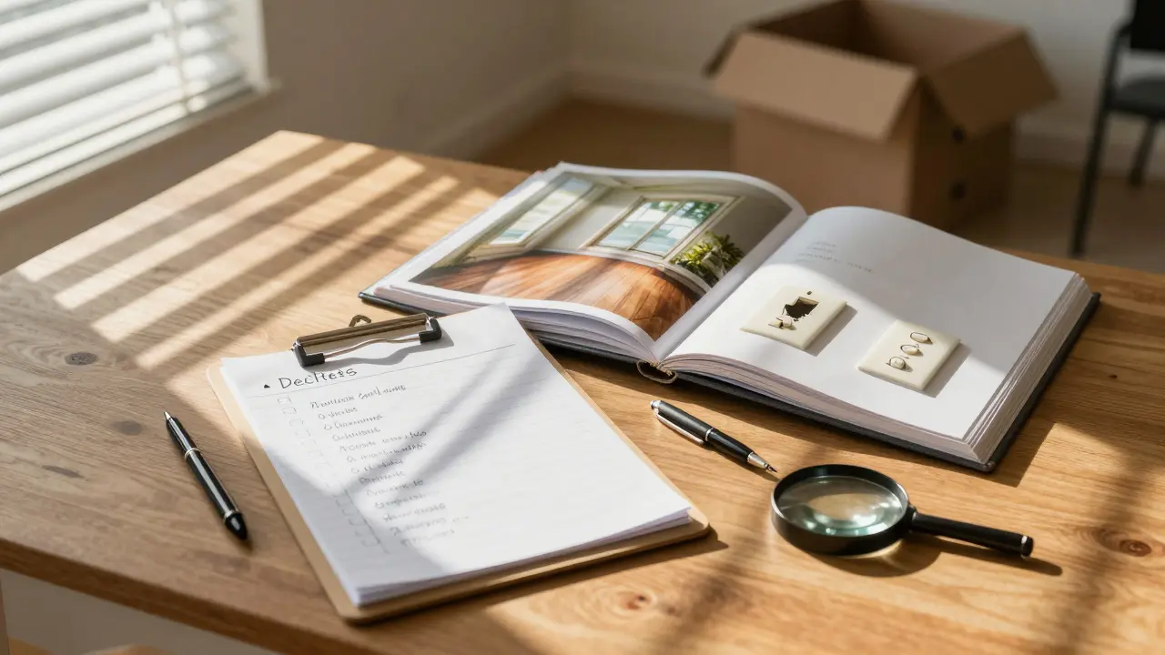 Lista de verificación y fotos de daños en una mesa junto a un álbum de imágenes de una vivienda.