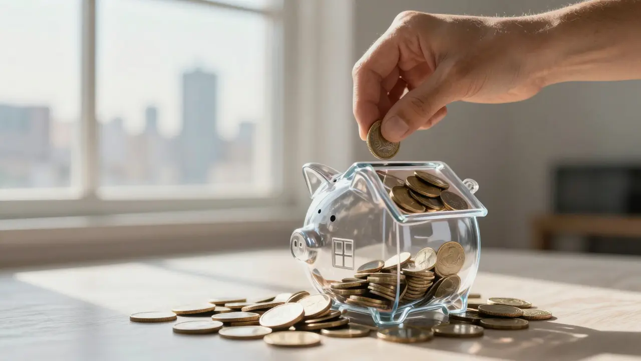 Mano colocando monedas en un alcancía en forma de casa, deshaciendo deuda.