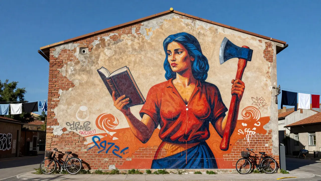 Mural histórico de una mujer con un libro y un hacha, pintado en una pared de ladrillo, con colores vibrantes y toques de pintura fresca de niños del barrio.