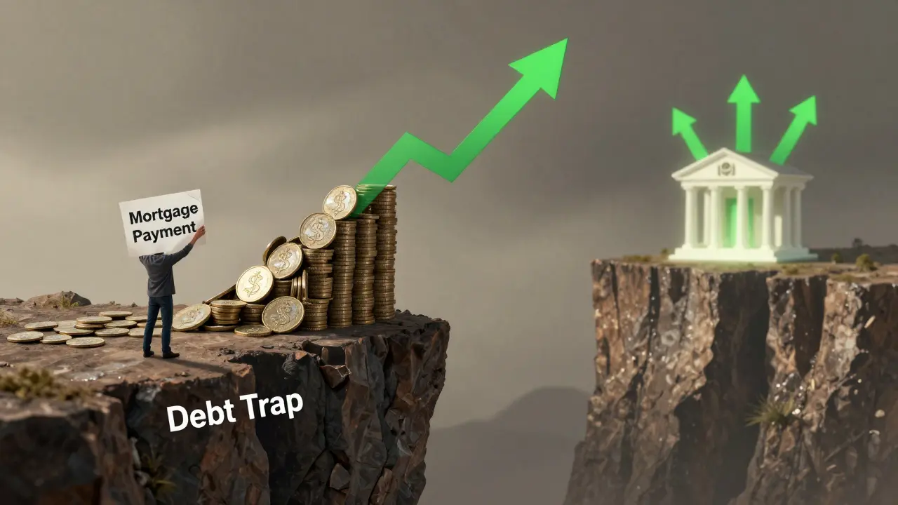 Persona en un borde de montaña de monedas y flechas de inflación, con un préstamo frágil en la mano y un banco lejos.