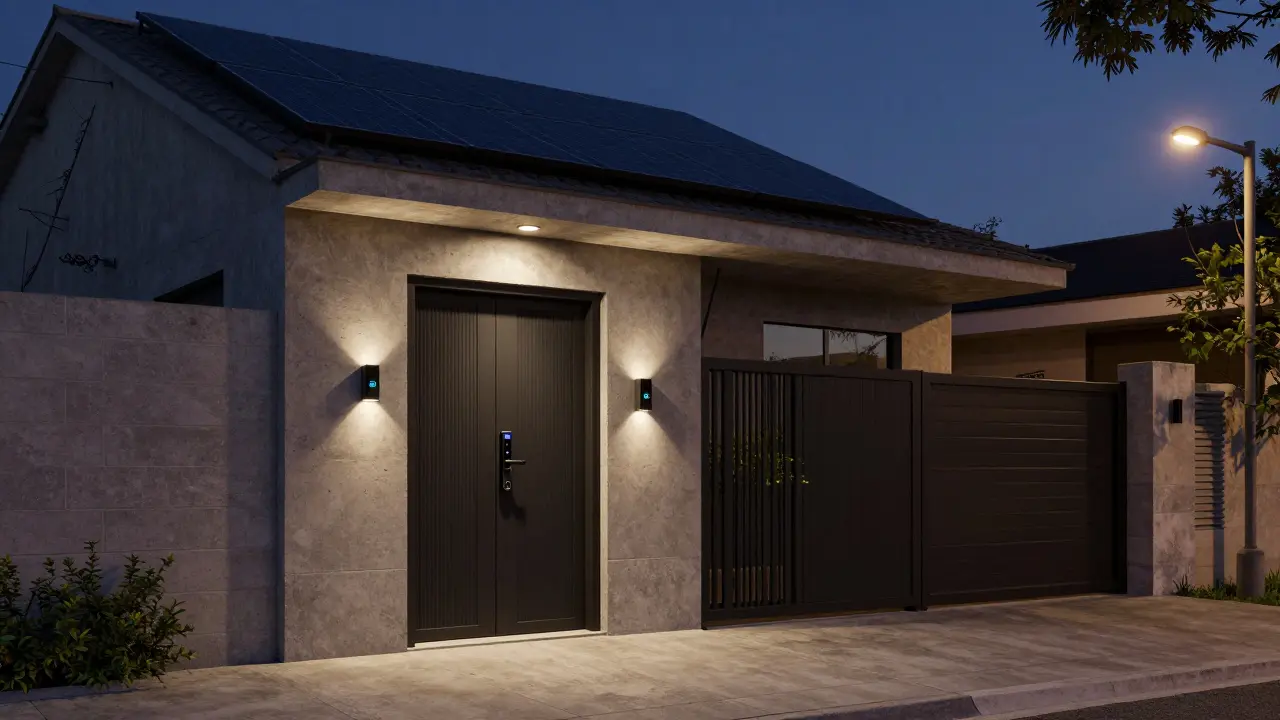 Propiedad premium nocturna con acceso biométrico y iluminación inteligente en Rosario.