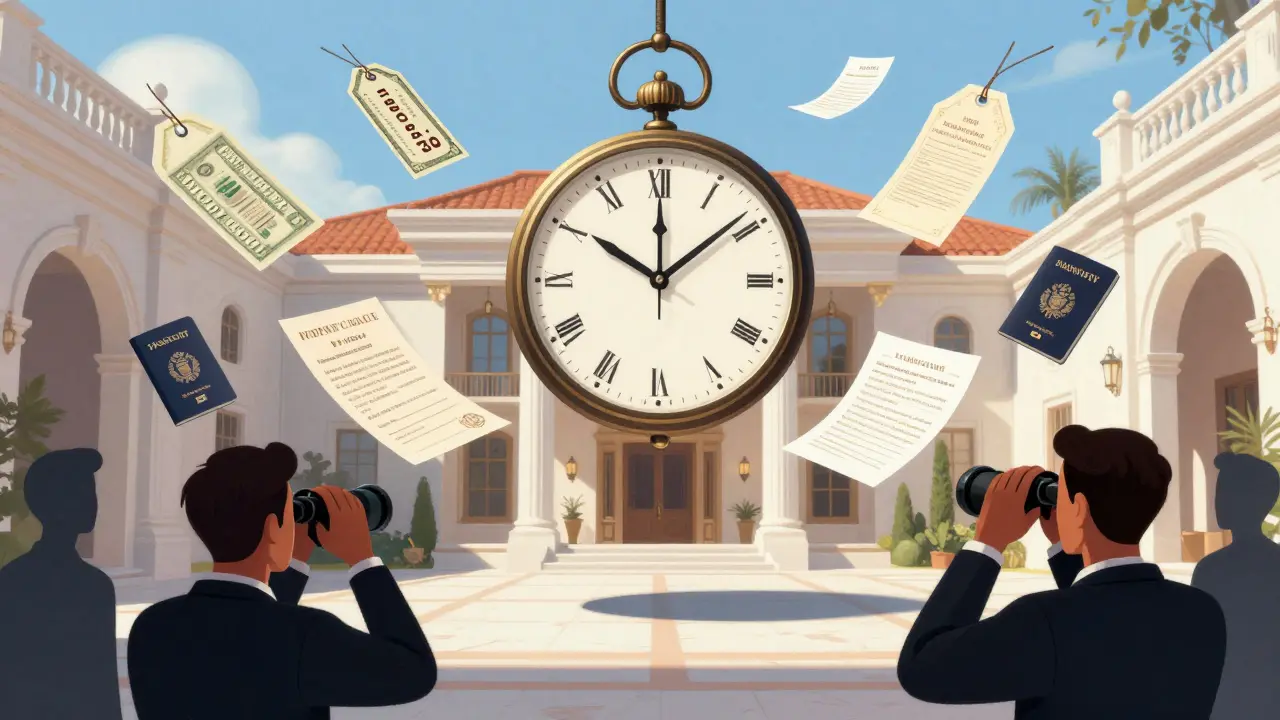 Reloj de subasta flotando sobre una casa de lujo con documentos y pasaportes internacionales alrededor.
