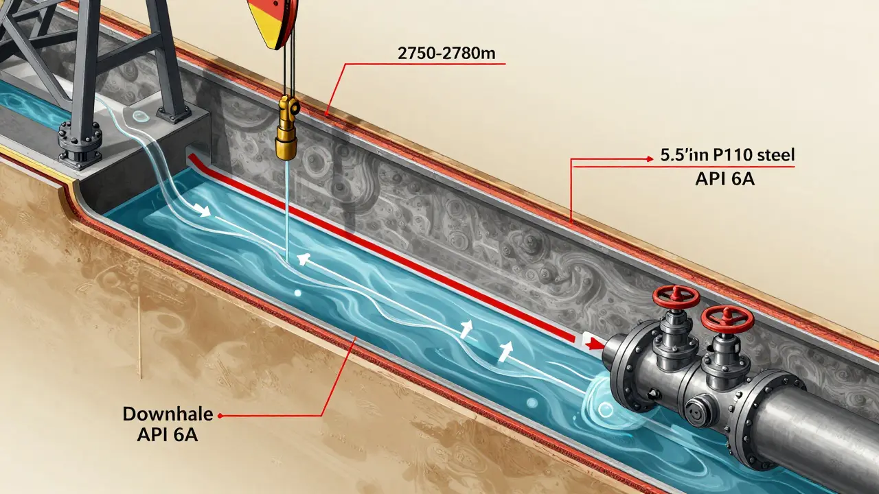 Sección transversal de un pozo petrolero con tuberías, packers y válvulas de seguridad, mostrando aislamiento preciso de zonas productivas y de agua.