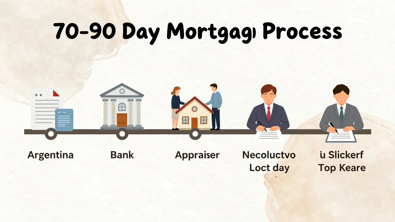 Secuencia visual de los pasos del crédito hipotecario en Argentina: documentos, tasación, notaría y llaves.