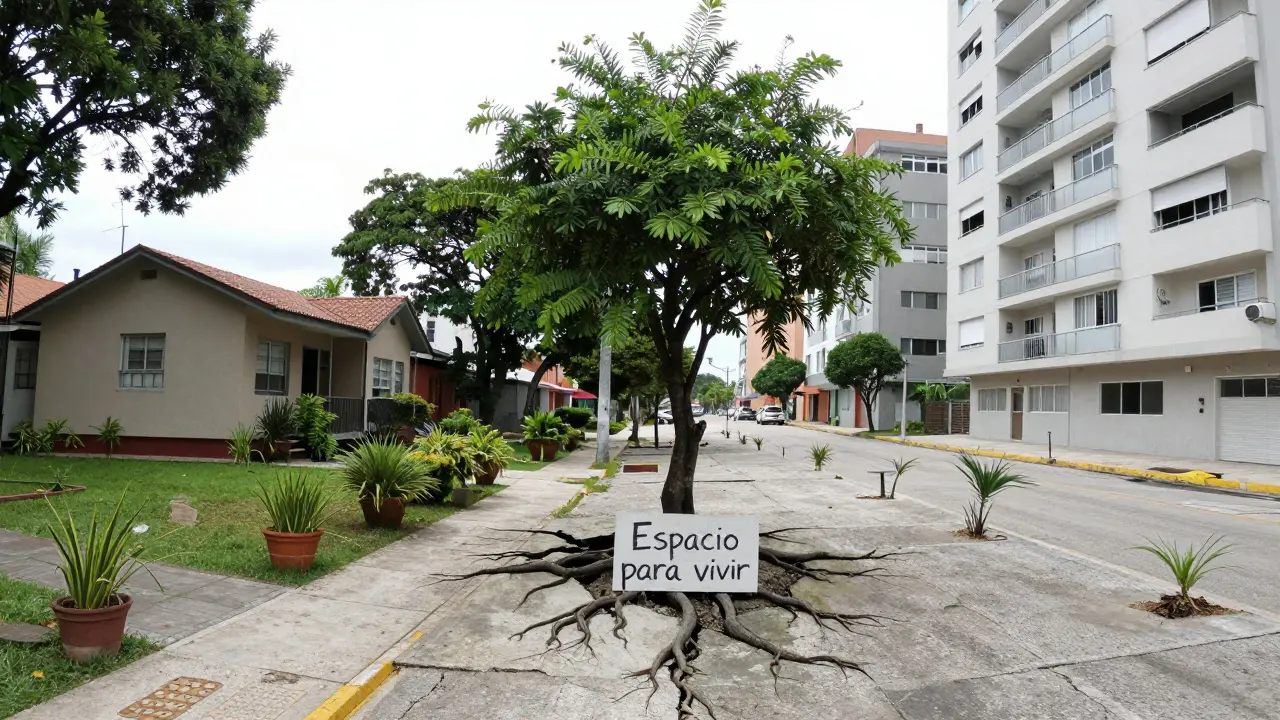Transformación urbana: casa antigua con jardín frente a edificio moderno, con un árbol vivo como símbolo de esperanza.