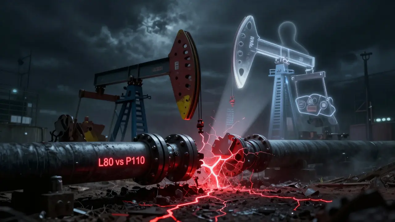 Tubería de pozo colapsada por uso incorrecto de material, mientras un plan técnico correcto aparece como una sombra protectora con normas API, NACE e ISO.