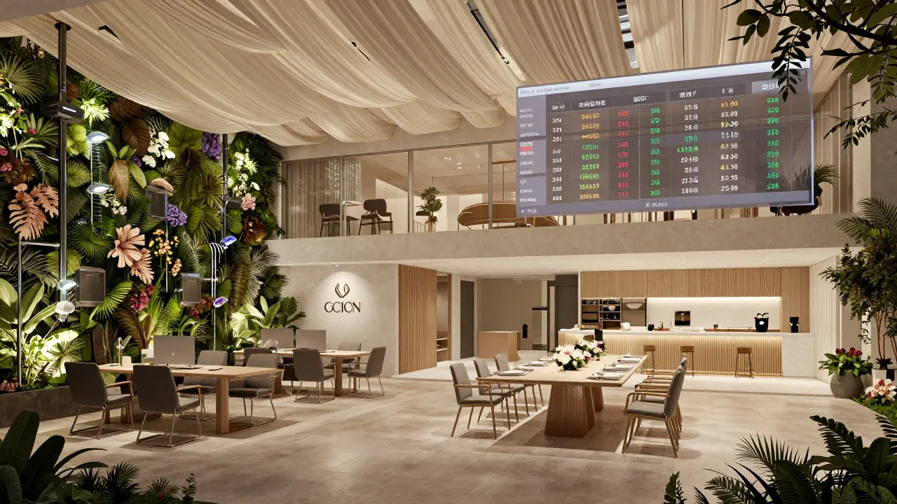 Villa de lujo con doble uso: oficina corporativa y espacio para eventos, con panel financiero flotante mostrando ingresos.