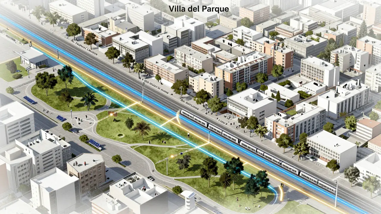Vista aérea conceptual de la red de transporte de Villa del Parque con rutas iluminadas conectando parques, escuelas y viviendas.
