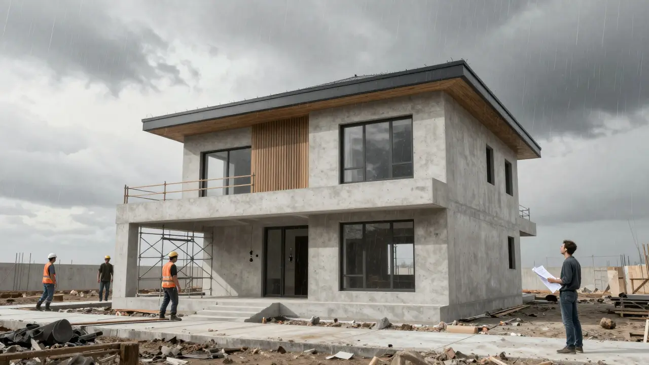 Vivienda en construcción con andamios y render digital flotante, bajo cielo nublado, comprador mirando con duda.