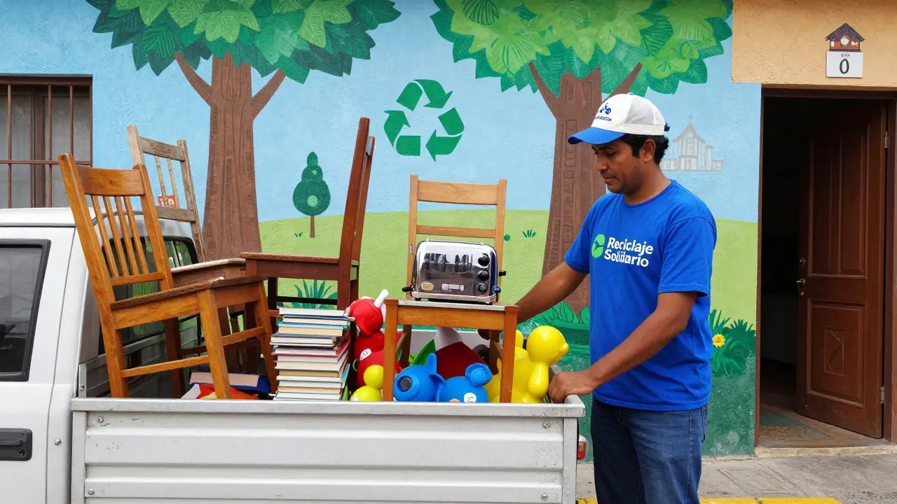 Voluntario recoge muebles y objetos donados en la puerta de una casa en Rosario.