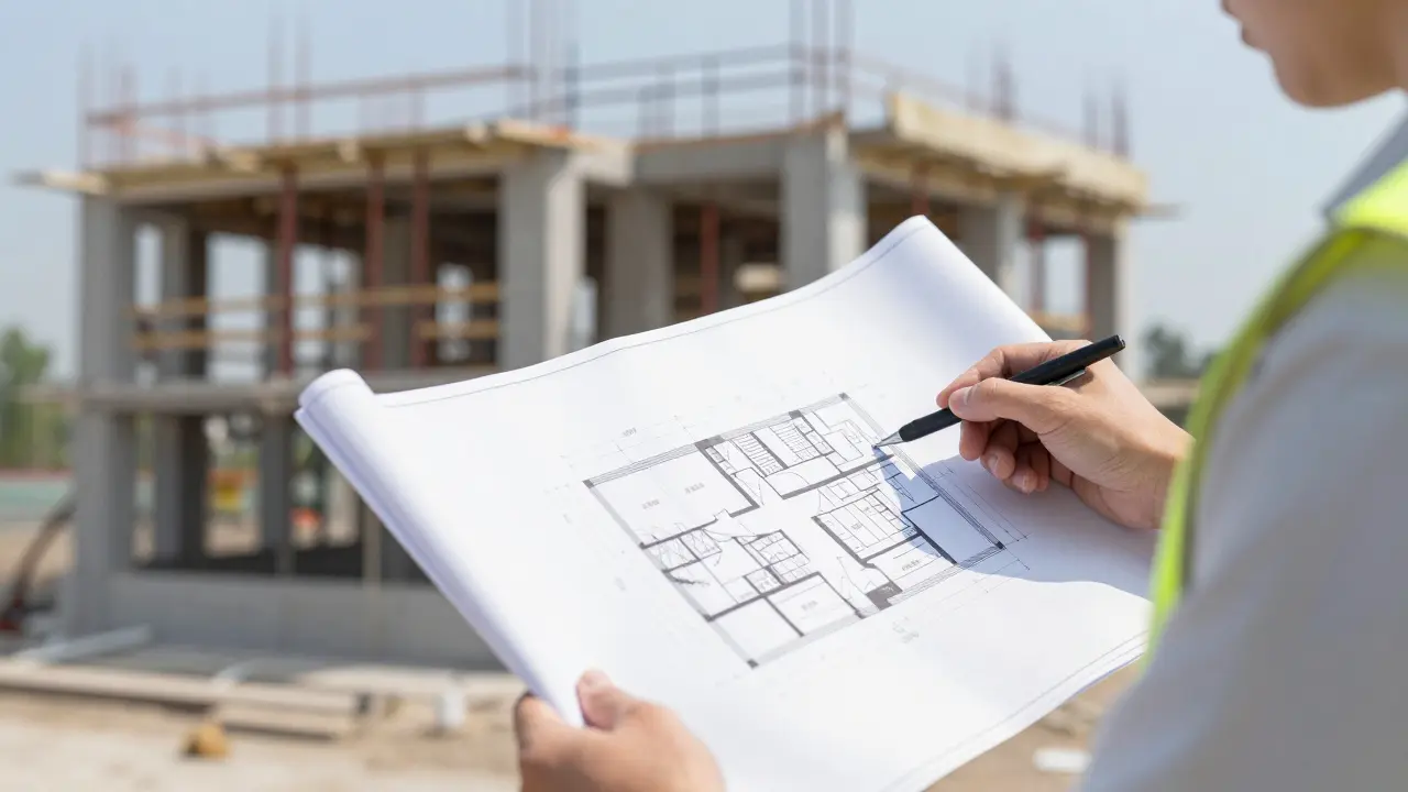 Arquitecto verificando planos técnicos en construcción con discrepancias.