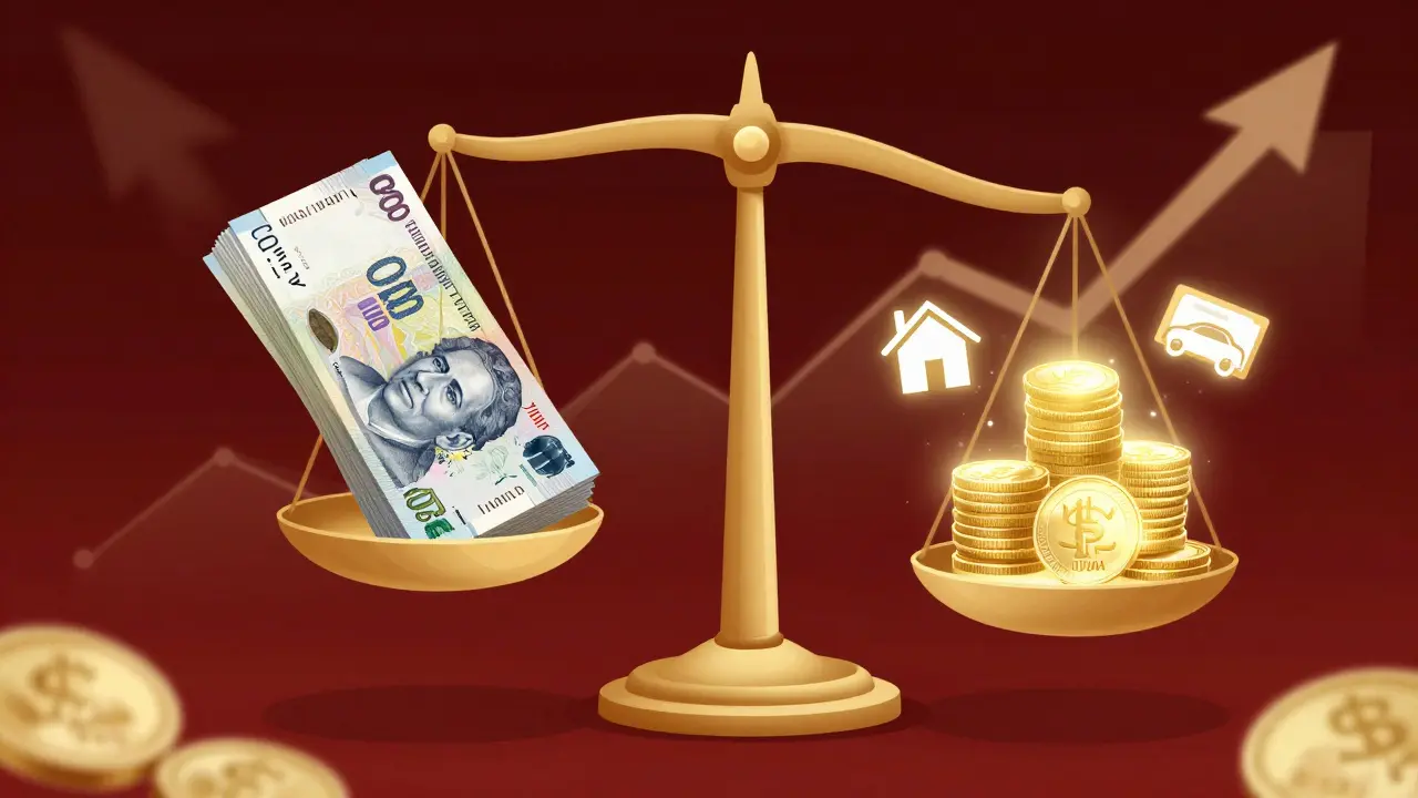 Balanza conceptual: pesos que pierden valor frente a unidades UVA estables, rodeadas de símbolos económicos.