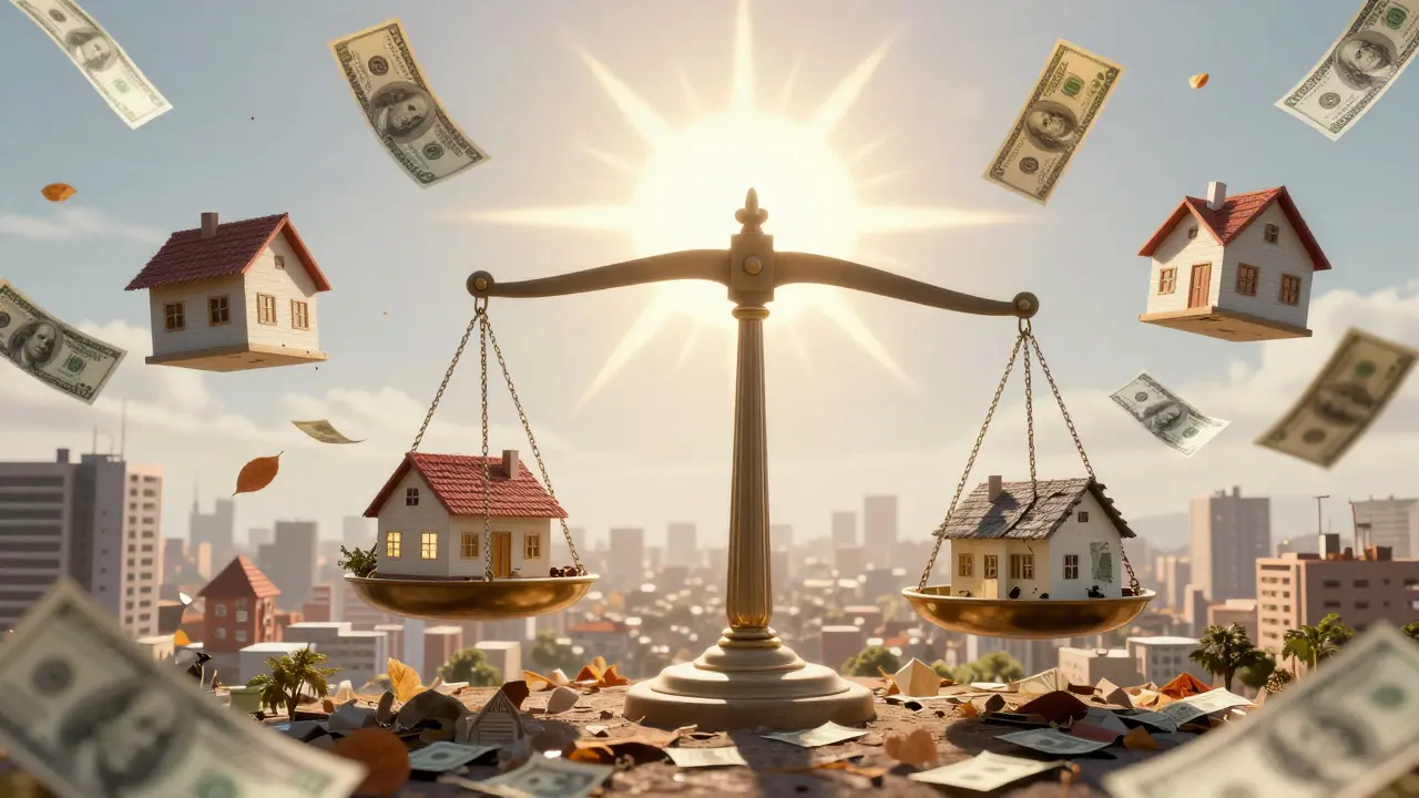 Balanza que compara pesos y dólares en una ciudad argentina, casas flotando en valores distintos.