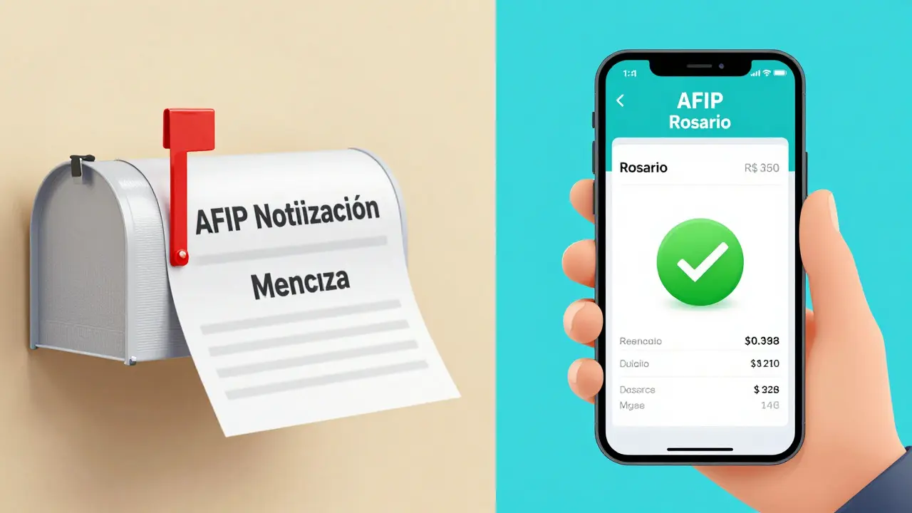 Carta de AFIP perdida en un buzón versus confirmación digital exitosa en una pantalla de celular.